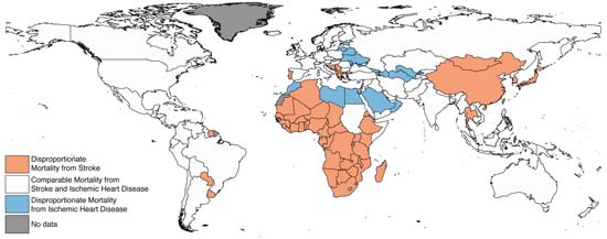 This map shows the mortality of disease from stroke and/or ischemic heart disease.