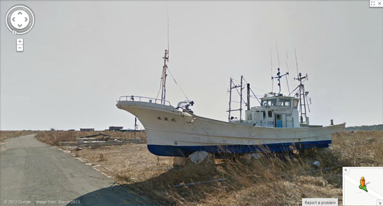 A fishing boat near Ukedo Harbor, approximately one kilometer inland from the Pacific Ocean.