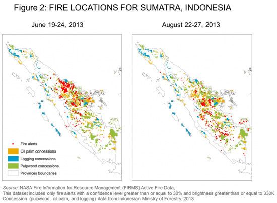 The figure shows the number of fire alerts each day in Sumatra’s provinces since June 1, 2013. While the most severe spike occurred in mid-June, activity in the last week of August shows a second dramatic increase in alerts. (Photo: World Resources Institute)