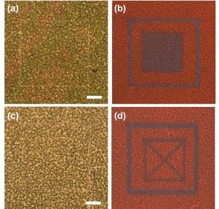Mesoporous silicon nanowires were scanned by a focused laser beam in two different patterns, imaged by bright-field optical microscope, as depicted by (a) and (c), as well as fluorescence microscopy, as depicted by (b) and (d). The images hidden in boxes shown in (a) and (c) are clearly revealed under fluorescence microscopy. Credit: National University of Singapore.