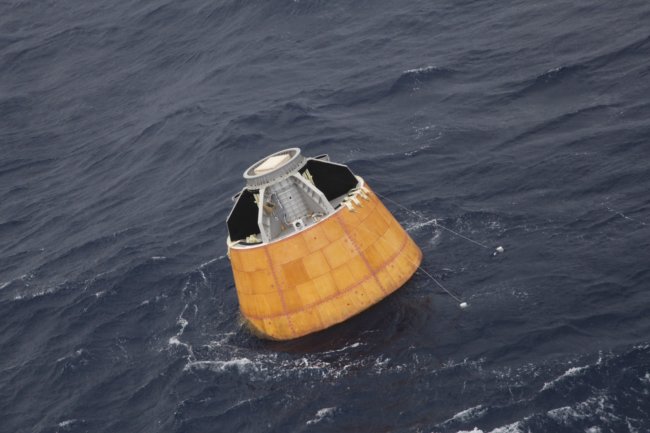 The crew module floating in the Andaman Sea after splash down. Credit: ISRO.