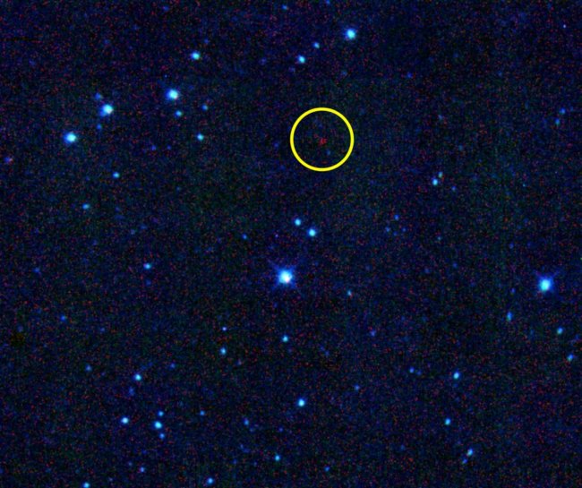 The ML48 asteroid (red, circled) amidst stars (blue). Credit: Malala Fund Blog.