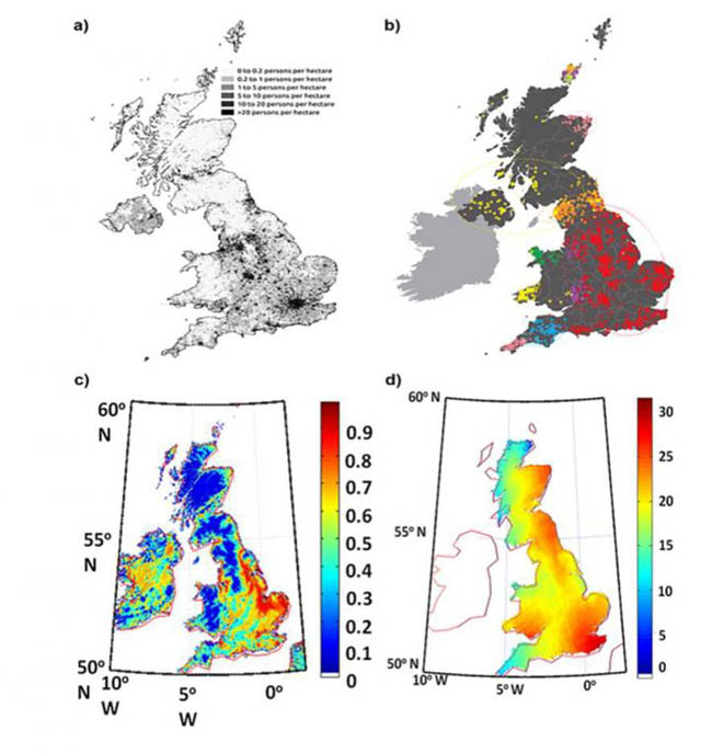 This image shows a) the current British population density, b) the genetic map, c) the habitability of the landmass, and d) simulated distribution in population after 2,000 steps. Credit: Mayank N. Vahia, Uma Ladiwala, Pavan Mahathe, and Deepak Mathur.