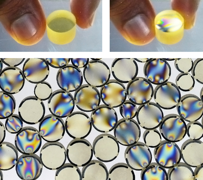 Top: a photo-elastic disk at rest (left) and squeezed (right). Bottom: photo-elastic disks during an experiment. Granular force chains appear as multicolor bands on the surface of the disks. These photos were taken using a polarized lens. Credit: OIST