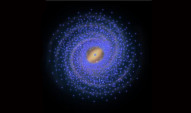 An artist’s concept of the implied distribution of young stars, represented here by Cepheids shown as blue stars plotted on the background of a drawing of the Milky Way. With the exception of a small clump in the Galactic center, the central 8,000 light years appear to have very few Cepheids, and hence very few young stars. Credit: University of Tokyo